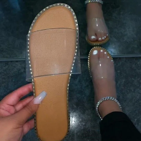 Women's Casual Flat Slipper Sandals Rhinestone Rivet Sole Round Toe PU Leather Single Strap Slides Summer Outdoor Footwear
