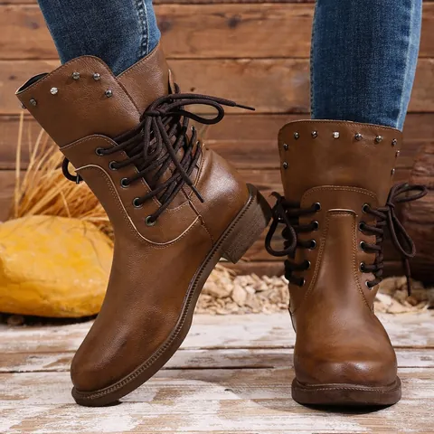 Women Ankle Boots Artificial PU Leather Studded Lace Up Retro Chunky Heel Fashion Mid Calf Boots Casual Outdoor Party Ladies Footwear