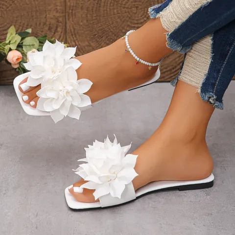 Women Summer Square Toe Flat Slides Large Floral Decor Beach Sandals Fashion Casual Slippers With 3D Fabric Flower
