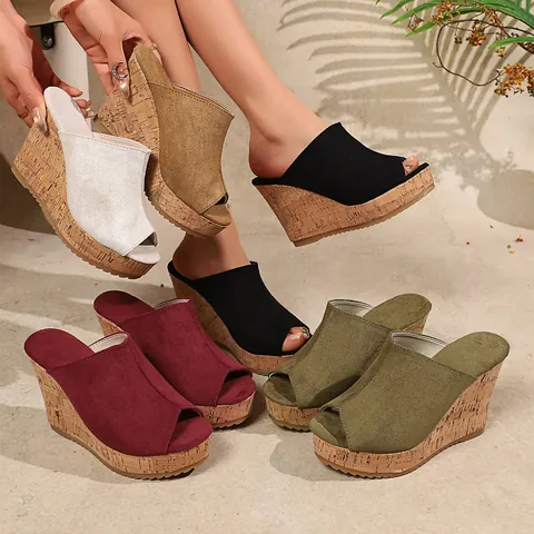 Women Wedge Heel Peep Toe Sandals Plus Size Suede Like Slipper Summer Cork Texture Platform High Heel Slides Vacation Fashion Casual Shoes
