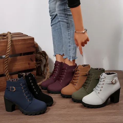 Women Chunky Heel Ankle Boots Round Toe Lace-Up Side Zipper Martin Boots With Belt Buckle PU Leather Casual Fashion Shoes