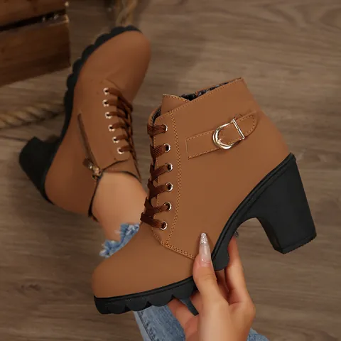 Women Chunky Heel Ankle Boots Round Toe Lace-Up Side Zipper Martin Boots With Belt Buckle PU Leather Casual Fashion Shoes