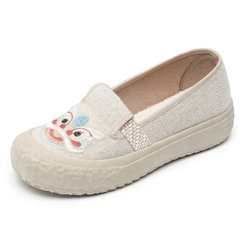 Neuer Chinesischer Stil Damen Segeltuch Loafer Bestickt Löwenkopf Traditionelle Peking Stoffschuhe Slipper Atmungsaktiv Flache Schuhe