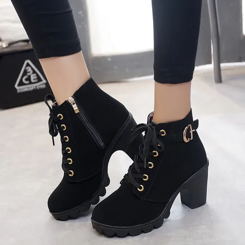 Women Martin Boots Platform High Chunky Heel Ankle Boots Lace Up Side Zipper Suede Synthetic Leather Boots For Winter
