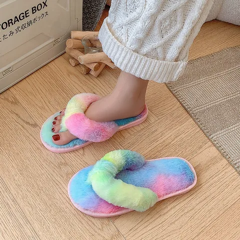 Damen Winter Kreuzriemen Plüsch Hausschuhe Weiche Kunstpelz Indoor Pantoffeln Regenbogenfarbe Offene Zehe Flache Hausschuhe