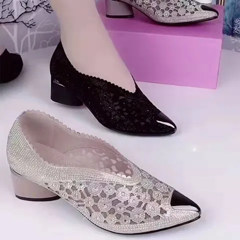 Dames Spitse Neus Blokhak Middelhoge Hak Strass Mesh Pumps Elegante Zomer Bruiloft Feestschoenen Comfortabel Antislip