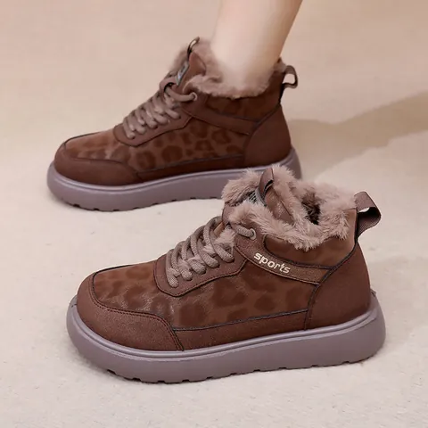 Botas de Nieve de Invierno para Mujer Forro de Peluche Cálido Estampado de Leopardo Suela Gruesa Antideslizante Zapatos de Algodón