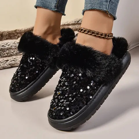 Damen Pailletten Dicke Sohle Plüsch Schneestiefel Winter Warme Fleece Gefütterte Baumwollhausschuhe Rutschfeste Schuhe