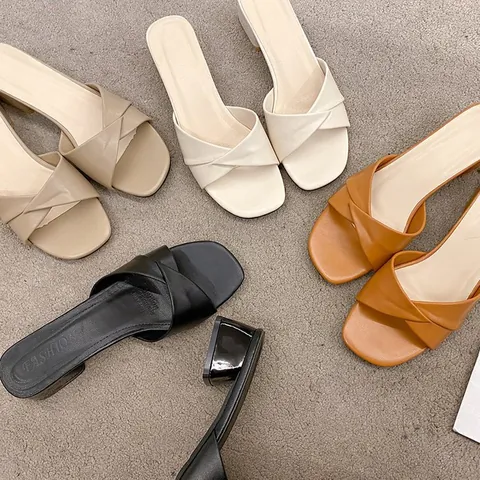 Fashion Square Toe Crisscross Mules For Women Summer Casual Block Heel Slippers Solid Color Open Toe Slides Footwear
