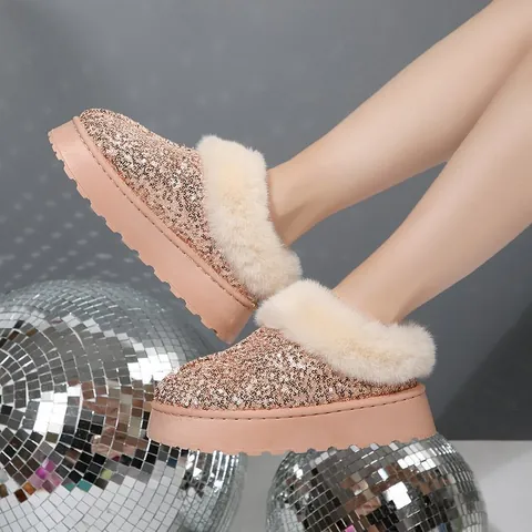 Botas de Nieve con Plataforma de Lentejuelas para Mujer Otoño Invierno Suela Gruesa Cálidas Forradas de Piel Botines Slip-On Zapatos de Algodón