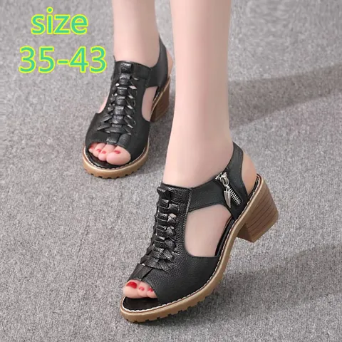 Women Block Heel Roman Sandals Hollow Out Woven Peep Toe Mid Heel Gladiator Sandals Side Zipper Synthetic PU Casual Summer Shoes
