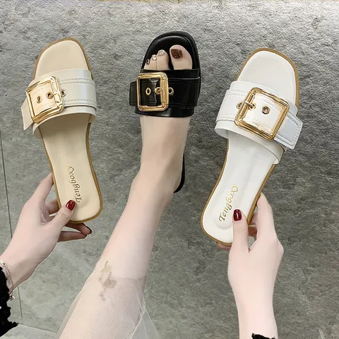 Women Fashion Casual Single Band Slides Metal Square Buckle Flat Heel Summer Slippers PU Leather Beach Sandals Indoor Outdoor