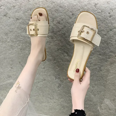 Women Fashion Casual Single Band Slides Metal Square Buckle Flat Heel Summer Slippers PU Leather Beach Sandals Indoor Outdoor