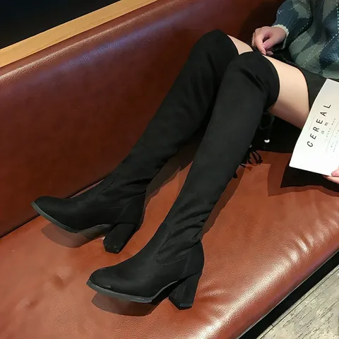 Women Over-the-Knee Stretch Boots Chunky High Heel Pointed Toe Suede Leather Slimming Long Thigh High Boots For Winter