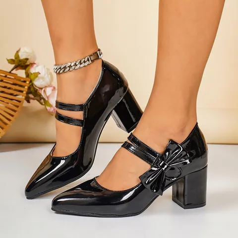 Women's Pointed Toe Chunky High Heel Shoes Patent Leather Mary Jane Pumps With Bow Decoration Fashion Party Office Dress Shoes