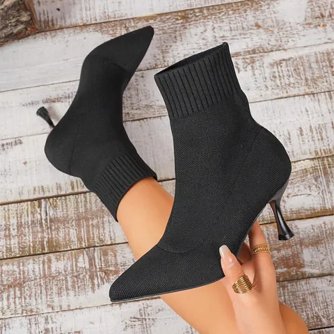 Women Pointed Toe Stiletto High Heel Ankle Boots Knit Sock Boots Slim Fit Slip On Elastic Short Boots Stiletto Dress Shoes