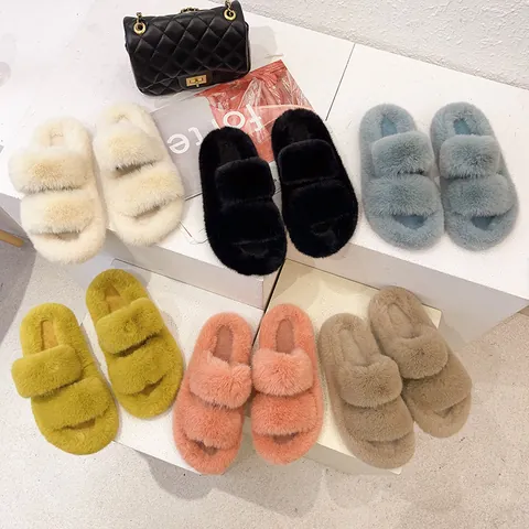 Women Faux Fur Slippers Cross Band Platform Plush Slides Open Toe Fluffy House Shoes Anti-Slip Autumn Winter Home Slippers