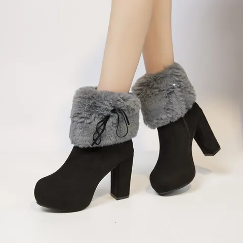 Women Winter Ankle Boots Chunky High Heel Platform Booties Faux Fur Trim Bow Decor Suede Warm Lining Daily Fashion Boots