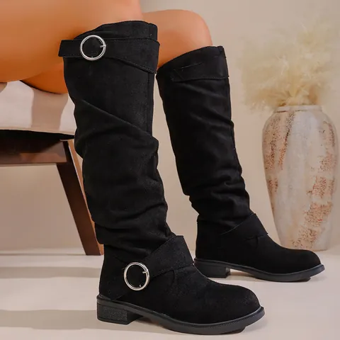 Damen Slouchy Stiefel Mode Wildlederimitat Blockabsatz Kniestiefel Mit Gürtelschnalle Schick Winter Warm Slouch Boots Damen