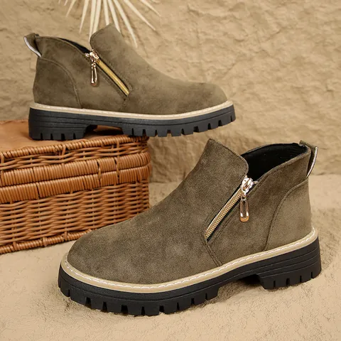 Women's Round Toe Side Zipper Martin Boots McQueen Style Faux Suede Chunky Heel Ankle Boots Casual Non-Slip Short Boots