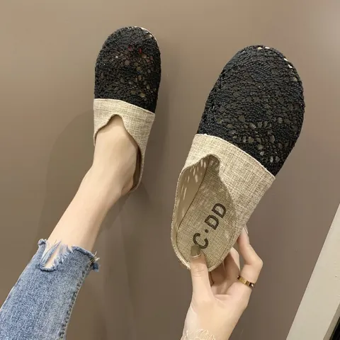 Women Summer Breathable Mesh Lace Slippers Flat Closed Toe Mules Casual Lightweight Outdoor Slip On Beach Shoes