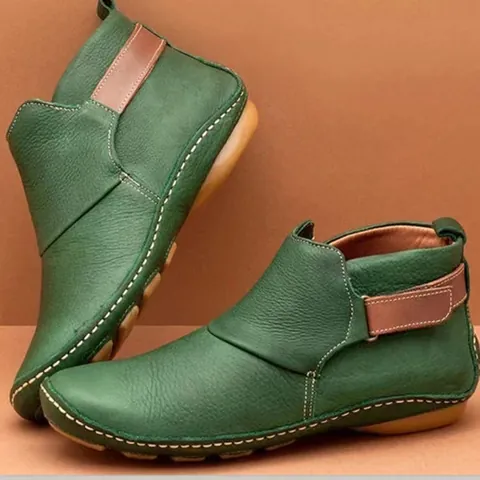 Women Flat Martin Boots Soft Sole Faux Leather Short Boots Vintage Solid Color Hook-and-Loop Casual Round Toe Fashion Boots