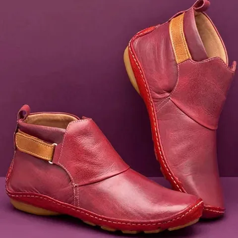 Women Flat Martin Boots Soft Sole Faux Leather Short Boots Vintage Solid Color Hook-and-Loop Casual Round Toe Fashion Boots