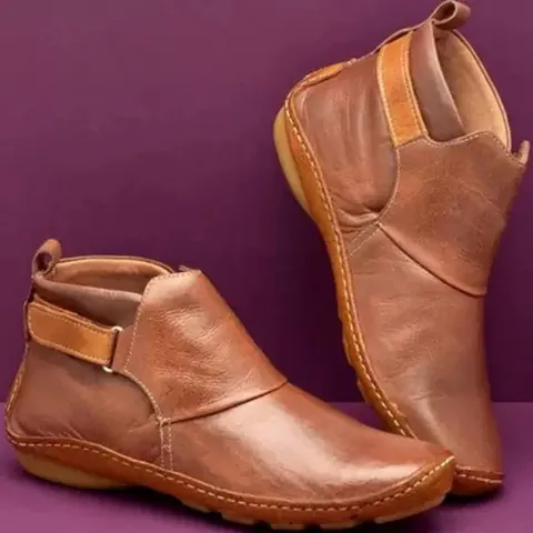 Women Retro Martin Boots PU Leather Flat Ankle Boots With Hook And Loop Closure Solid Color Casual Outdoor Short Boots
