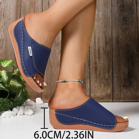 Women's Casual Wedge Slippers Summer PU Leather Peep Toe Platform Slides Solid Color Non-slip Thick Sole Comfort Beach Sandals