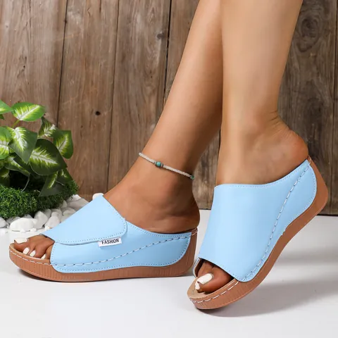 Women's Casual Wedge Slippers Summer PU Leather Peep Toe Platform Slides Solid Color Non-slip Thick Sole Comfort Beach Sandals