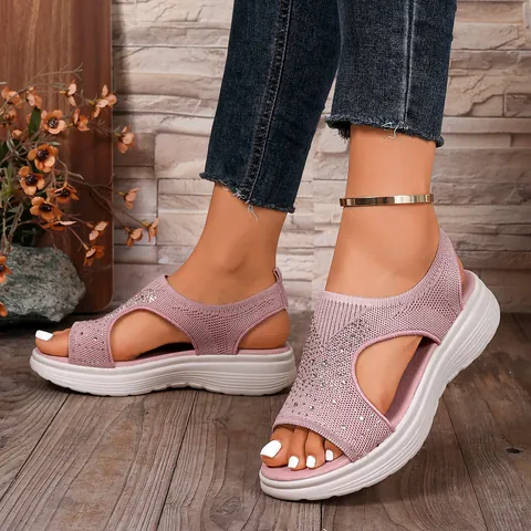 Sandales à Bout Ouvert en Tissu Mesh Strass pour Femmes Plateforme Décontractée Chaussures de Mode pour Plage Quotidienne Talon Bas