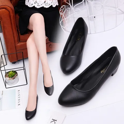 Women Block Heel Pumps Round Toe Professional Work Shoes Black Synthetic Leather Shallow Mouth Formal Office Dress Shoes