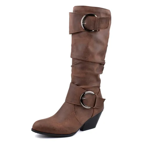 Women's Retro Slouchy Knee High Knight Boots PU Leather Chunky Heel Long Boots With Double Belt Buckle Fashion Winter Shoes