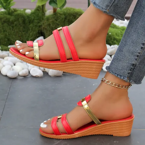 Women's Wedge Slippers Summer European Large Size Peep Toe Beach Sandals PU Leather Metal Decoration Casual Wedge Shoes