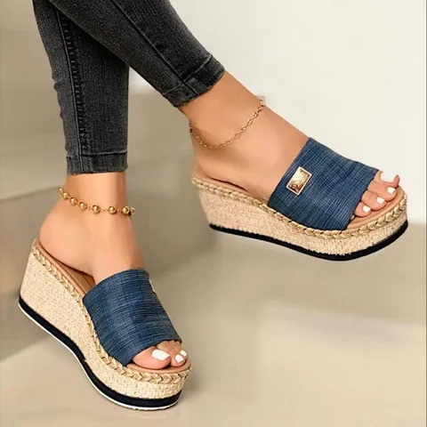 Women's Platform Wedge Sandals Summer Beach Slides Rope Wrapped Sole Denim PU Leather Open Toe Slippers Plus Size Sandals