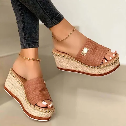Women's Platform Wedge Sandals Summer Beach Slides Rope Wrapped Sole Denim PU Leather Open Toe Slippers Plus Size Sandals