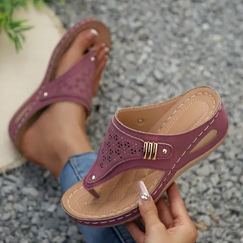 Women Wedge Flip Flops Hollow Out Peep Toe Sandals Thick Sole Platform Beach Slippers Everyday Casual PU Leather Shoes