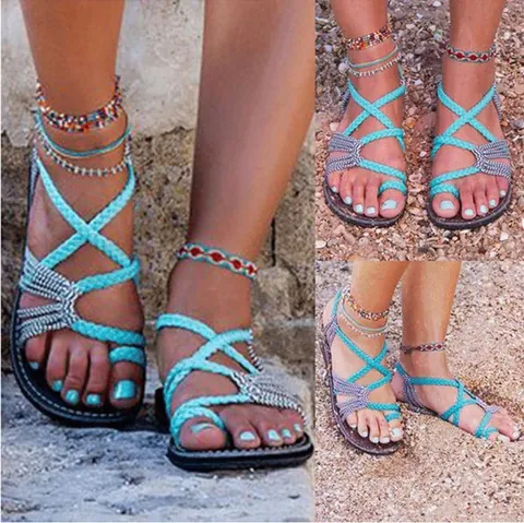 Women's Bohemian Braided Rope Knot Flat Sandals Summer Beach Toe-Loop Flip Flops Casual Fashion Outdoor Slides Comfortable Shoes