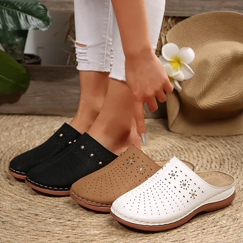 Women's Hollow Out Flower Rivet Platform Clogs Mules Slippers Casual Thick Sole Round Toe Summer PU Metal Shoes