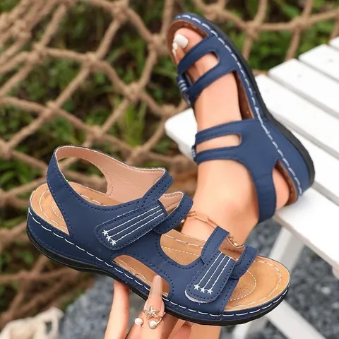 Women Flat Roman Sandals Open Toe Hook And Loop Fastener Soft Sole Non-slip Beach Walking Shoes Summer Casual Outdoor Sandals For Women