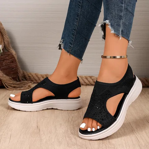 Sandales à Bout Ouvert en Tissu Mesh Strass pour Femmes Plateforme Décontractée Chaussures de Mode pour Plage Quotidienne Talon Bas