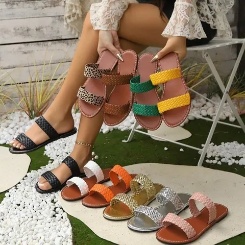 Dames Geweven Slippers Kunstleer Platte Sandalen PVC Zool Zomer Outdoor Strand Pantoffels Comfortabele Casual Schoenen Voor Dames