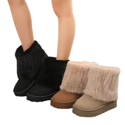 Women Winter Platform Snow Boots Warm Round Toe Faux Fur Cuff Short Boots Microfiber Leather Rubber Sole Casual Outdoor Shoes