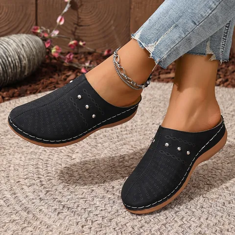 Women's Hollow-out Perforated Mules Clogs Studded Round Toe Wedge Platform Slippers Breathable PU Leather Summer Casual Shoes