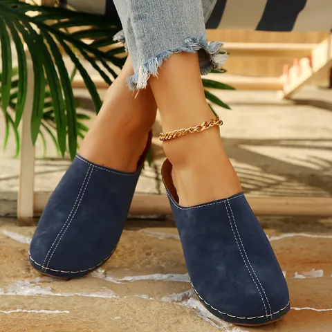 Women's Casual Platform Mules Round Toe Clogs With Contrast Stitching Suede PU Matte Upper Slip On Fall Winter Fashion Shoes