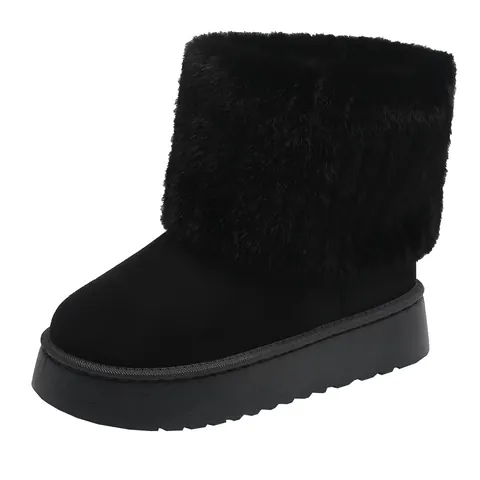 Women's Faux Suede Snow Boots Thick Sole Warm Faux Fur Trim Winter Cotton Shoes Striped Decor Casual Mid-Calf Boots For Ladies