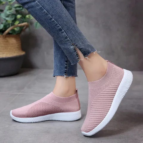 Women Flyknit Casual Sneakers Breathable Lightweight Slip-On Flat Walking Shoes Round Toe Fashion Mesh Leisure Sport Shoes