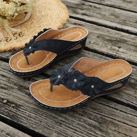 Chanclas de Cuña para Mujer con Decoración Floral 3D Strass Elegantes Sandalias de Playa de Plataforma para Vacaciones de Verano