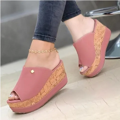 Women Summer Wedge Platform Slippers Open Toe PU Leather Cork Texture Sole High Heel Casual Slides Sandals For Women