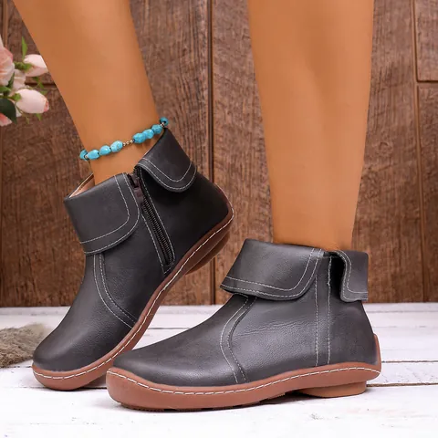 Women Round Toe Casual Martin Boots Side Zipper PU Leather Ankle Boots With Fold-over Cuff Contrast Stitching Low Heel Shoes